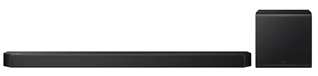 Czarny zestaw soundbar i subwoofer na białym tle.