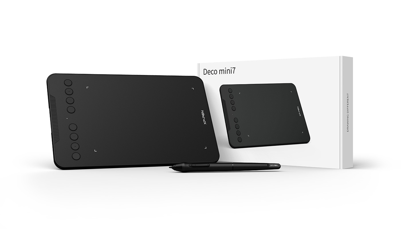 Schwarzes Zeichentablett, Stift und Box. Alles auf weißem Hintergrund. Box sagt 'Deco mini 7'.