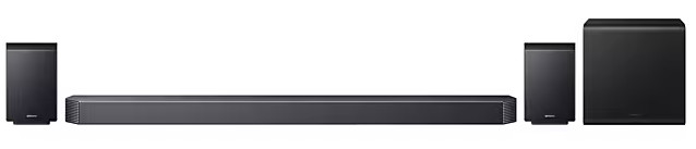 Czarny system dźwiękowy: soundbar, dwa głośniki, subwoofer.