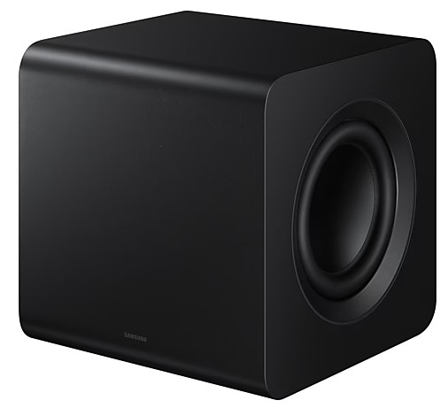 Czarny subwoofer Samsung. Urządzenie w kształcie kostki ma okrągły otwór z boku.