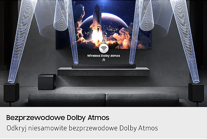 Salon z telewizorem, soundbarem, subwooferem i głośnikami. Fale dźwiękowe wydobywają się z zestawu.