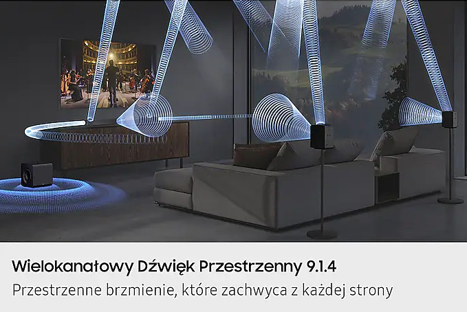 Salon z systemem dźwiękowym, pokazujący fale dźwiękowe wydobywające się z głośników i TV.