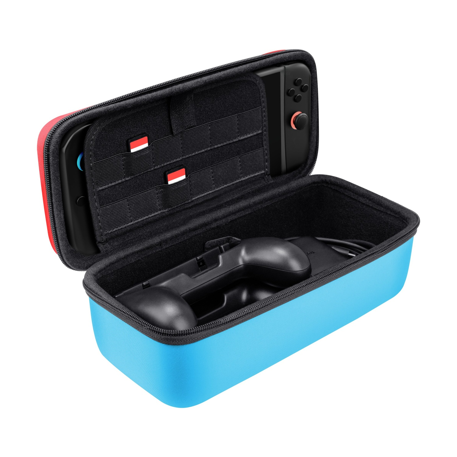 Custodia aperta per console di gioco. Esterno blu, finiture rosse. Controller e gamepad dentro.