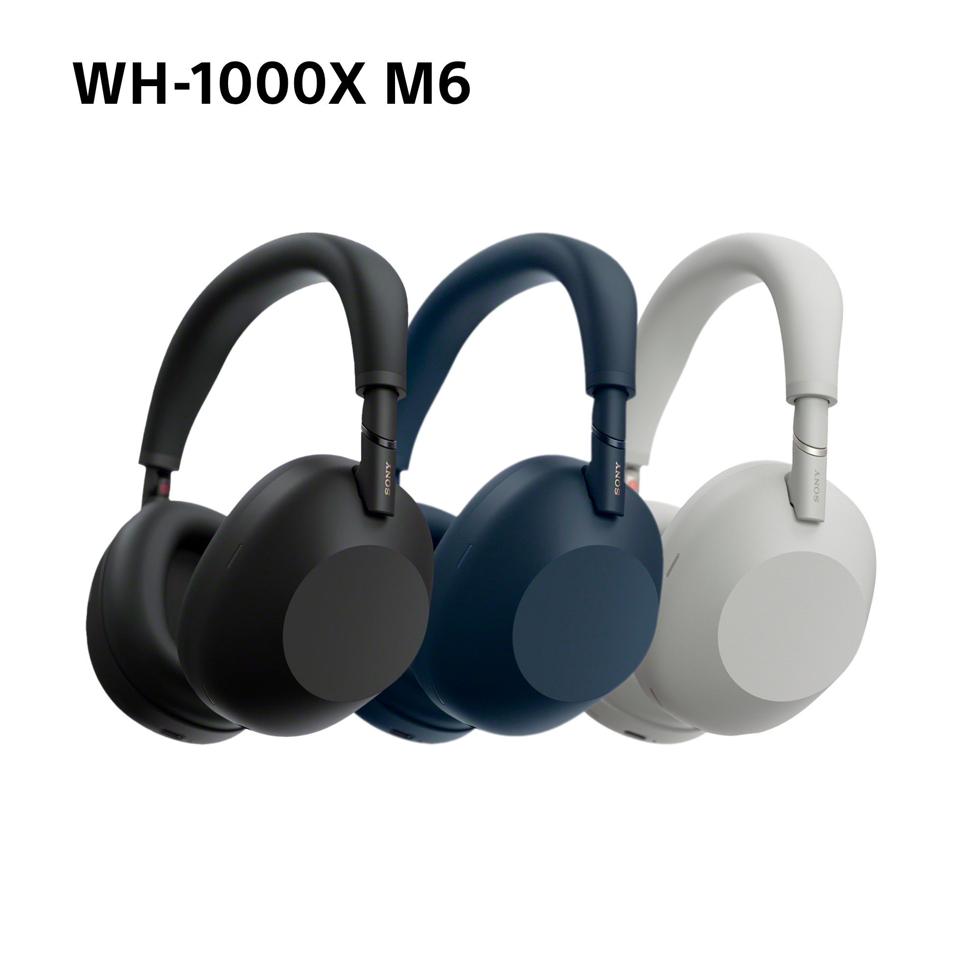 Drei Kopfhörer in verschiedenen Farben: Schwarz, Blau und Weiß. Text: WH-1000XM6.