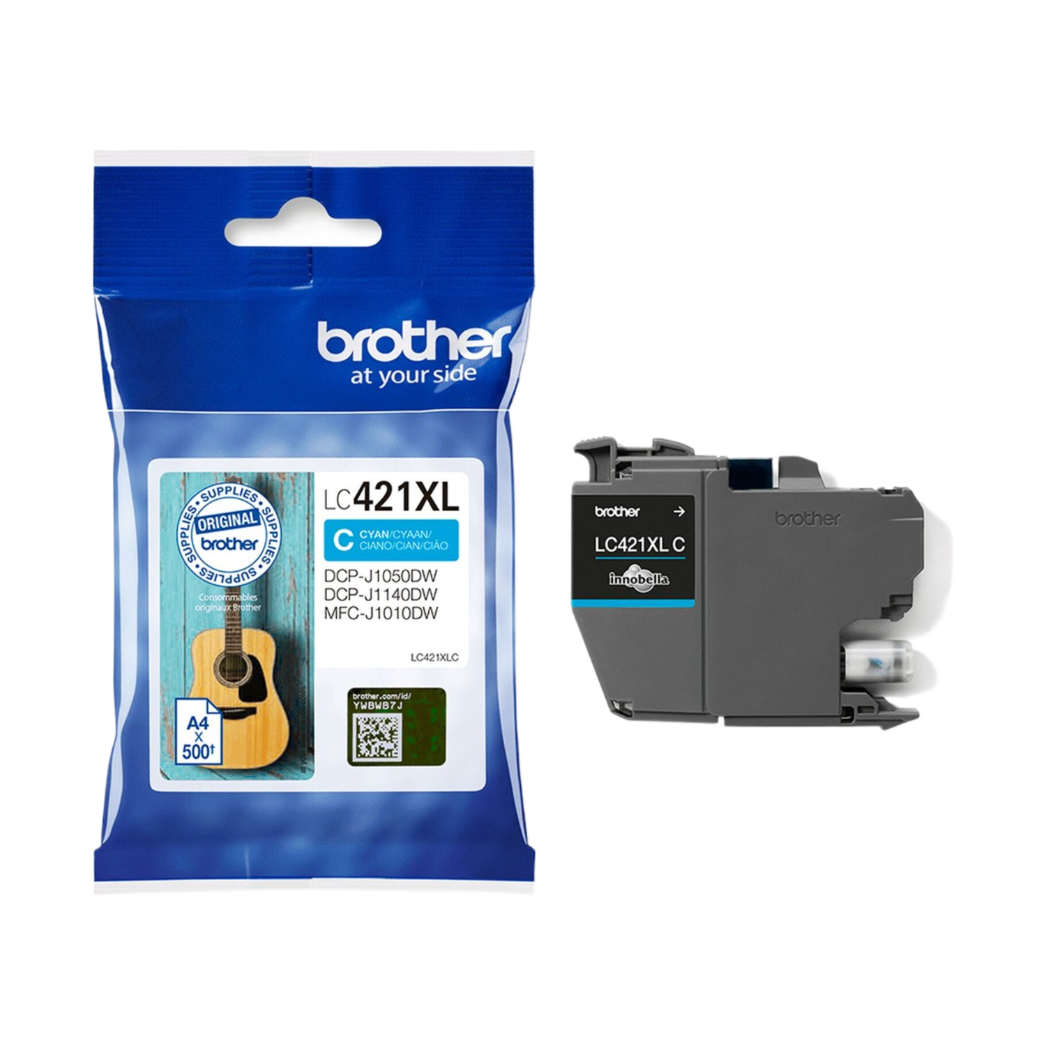 Blauwe inktcartridge verpakking en cyaan inktcartridge. Tekst: LC421XL, cyaan.