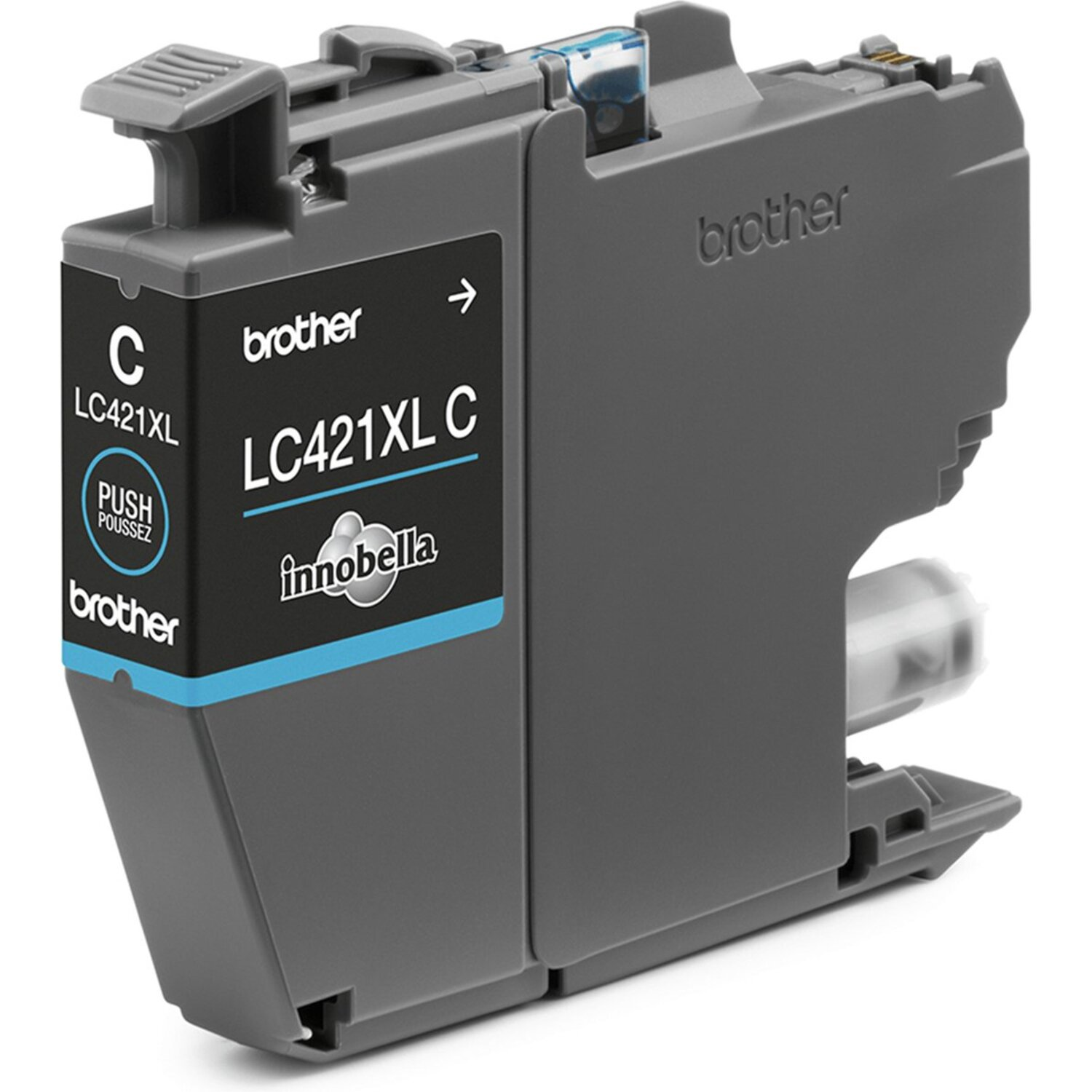 Cyaan inktcartridge met tekst: LC421XL, cyaan. Witte achtergrond.