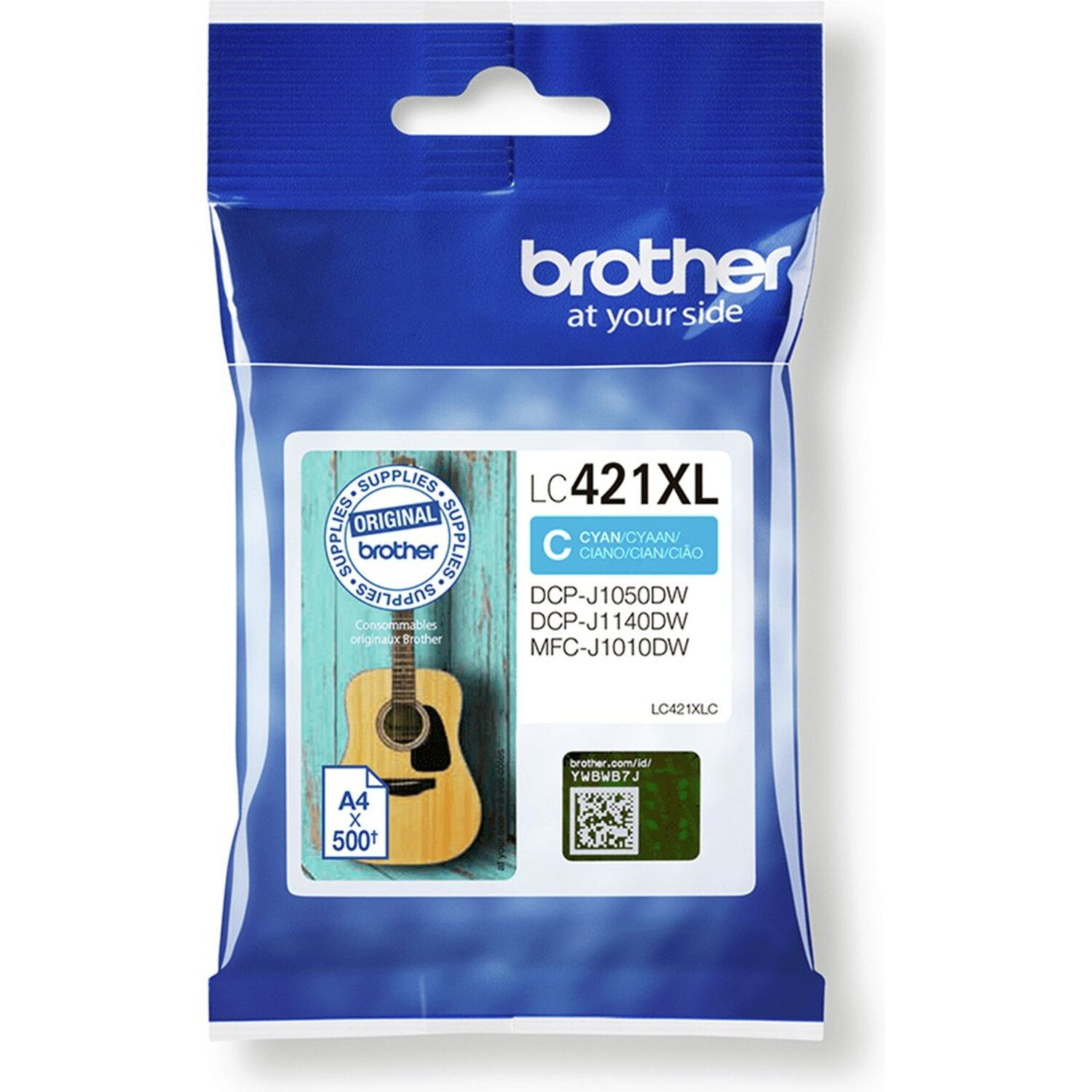 Blauwe inktcartridge verpakking. Tekst: LC421XL, cyaan. A4 500 vellen.