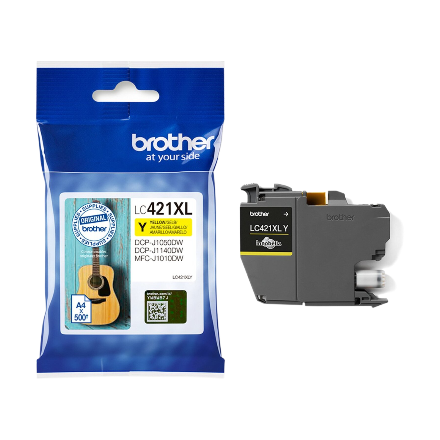 Gele inktcartridge en verpakking op wit. De cartridge is gelabeld LC421XL Y.