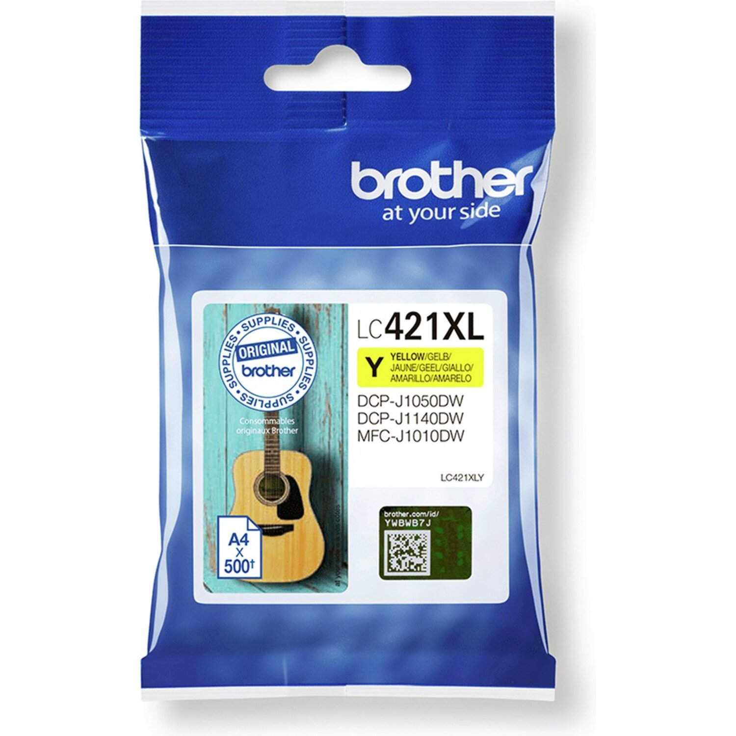 Gele inktcartridge en verpakking op wit. De cartridge is gelabeld LC421XL Y.