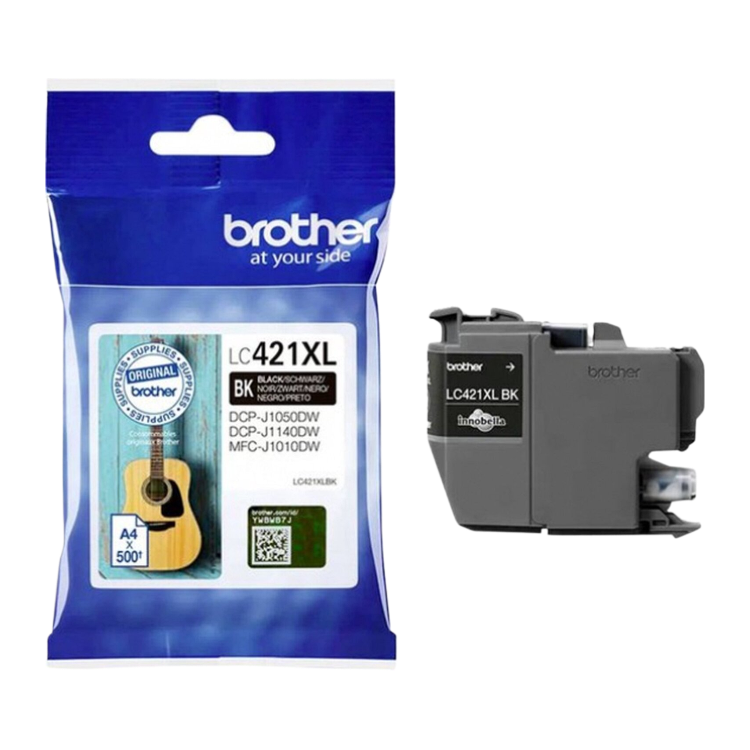 Zwarte inktcartridge en verpakking op wit. De cartridge is gelabeld LC421XL BK.