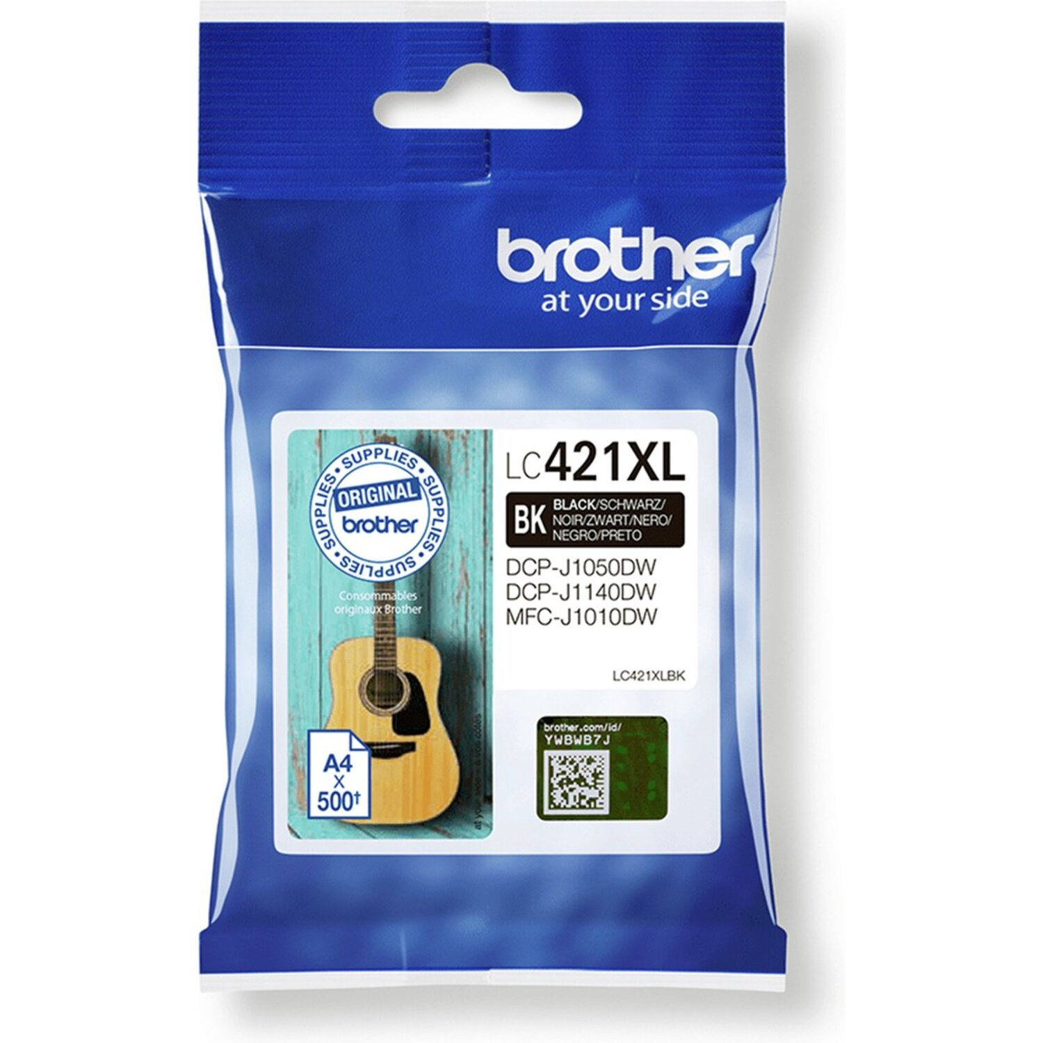 Zwarte inktcartridge en verpakking op wit. De cartridge is gelabeld LC421XL BK.