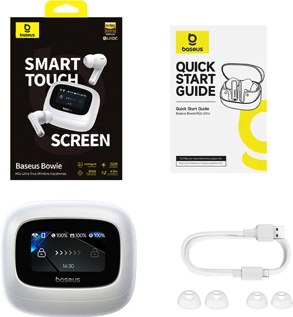 Produktset: Box, Schnellstartanleitung, Ladecase mit Ohrhörern, USB-Kabel und Ohrstöpsel. Weißer Hg.