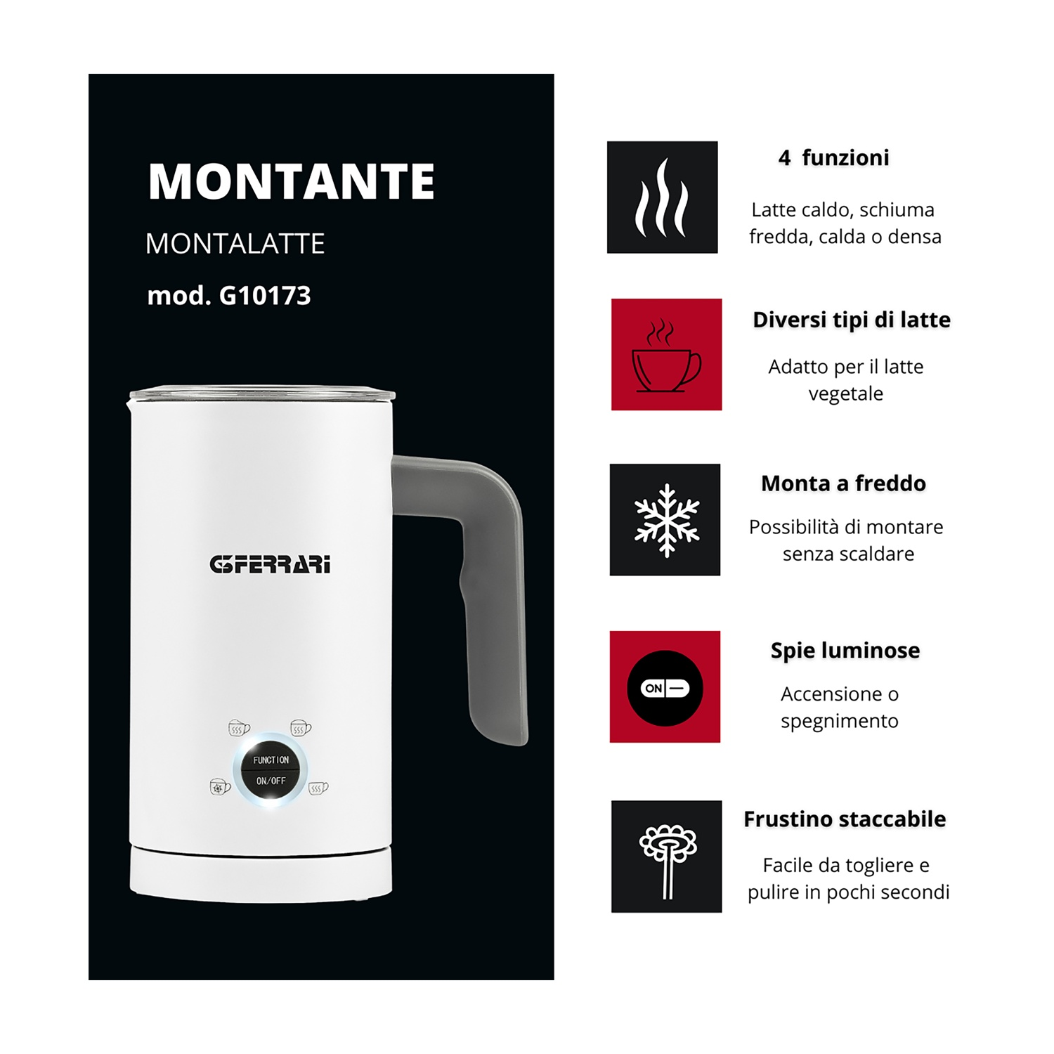Montalatte bianco con manico grigio e informazioni sul prodotto sul lato sinistro.