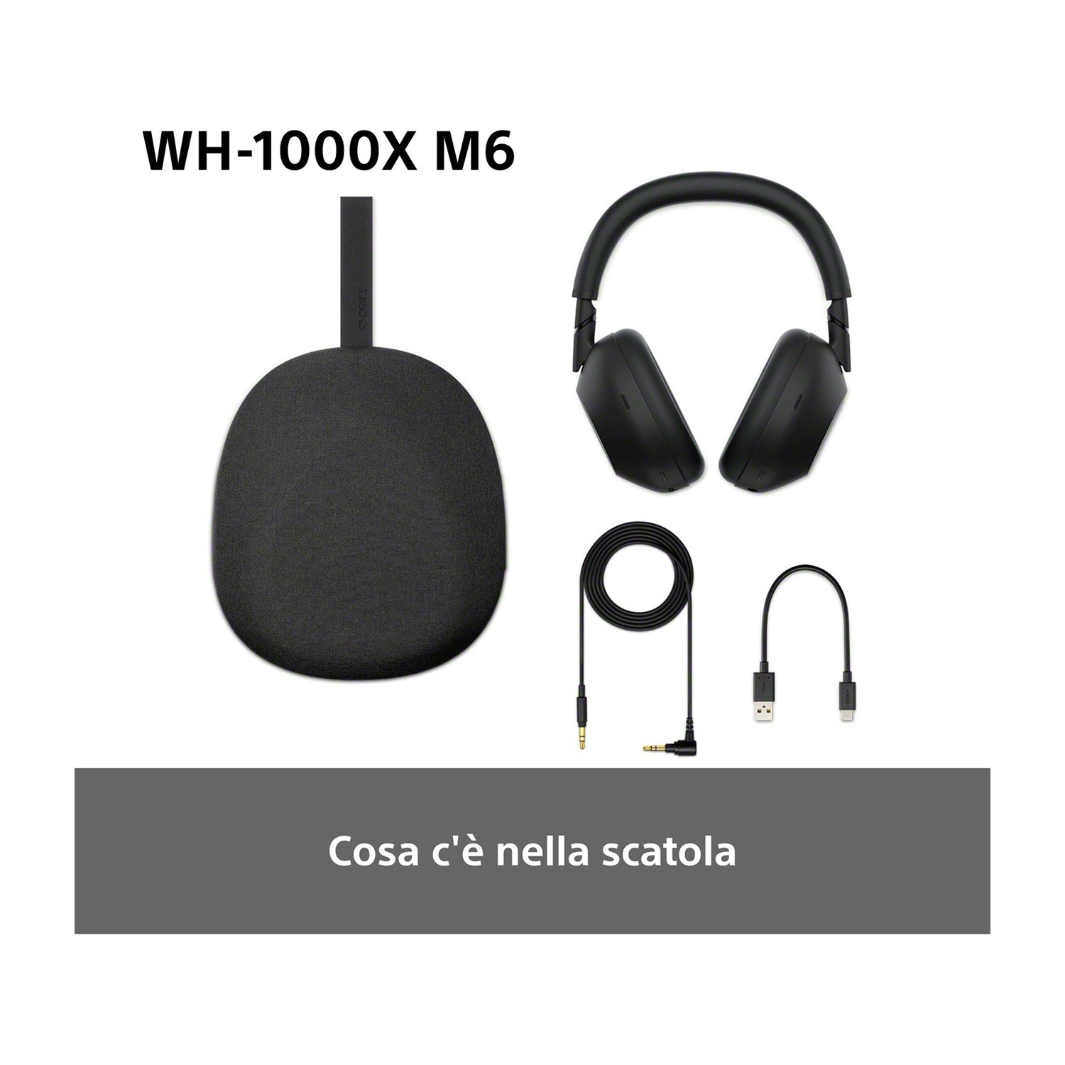 Cuffie nere, custodia e cavi di ricarica sono esposti in una scatola.