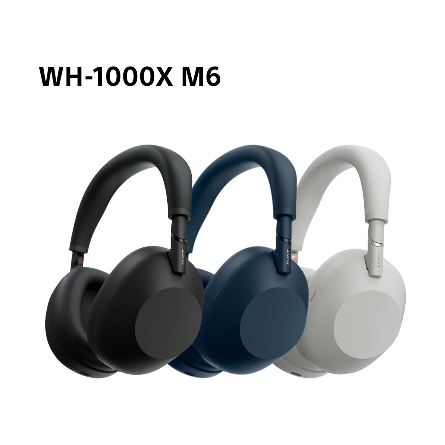 Tre cuffie Sony WH-1000XM6. Colori: nero, blu e bianco. Sfondo bianco.