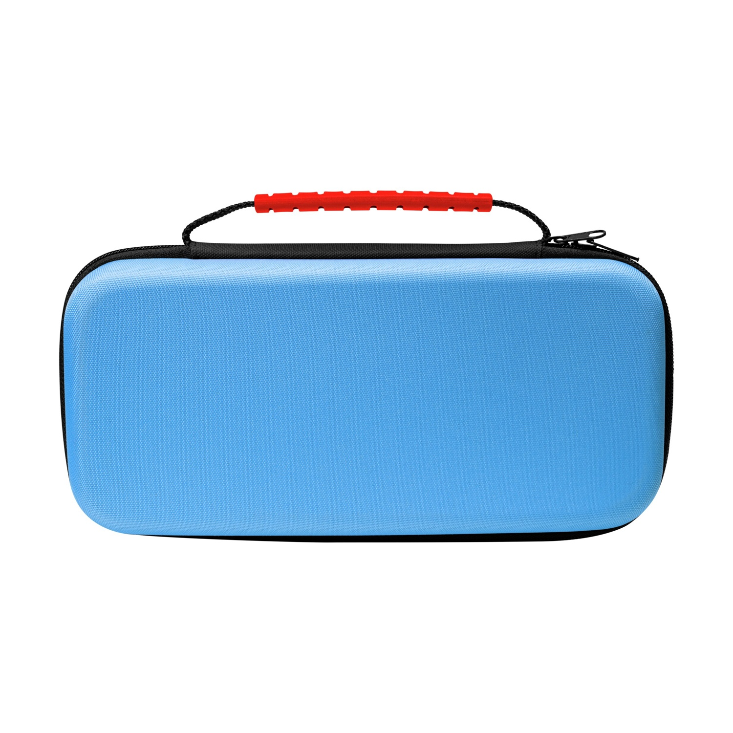 Custodia di trasporto azzurra con manico rosso. Cerniera e fascia nere.