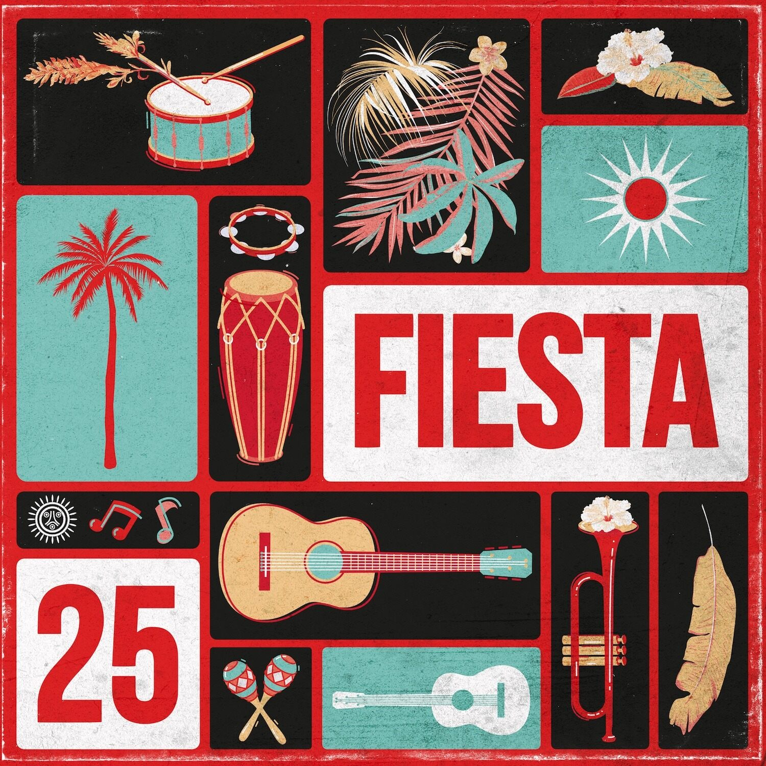 Fiesta kollázs hangszerekkel, pálmafával és a 'Fiesta' szóval piros színben.