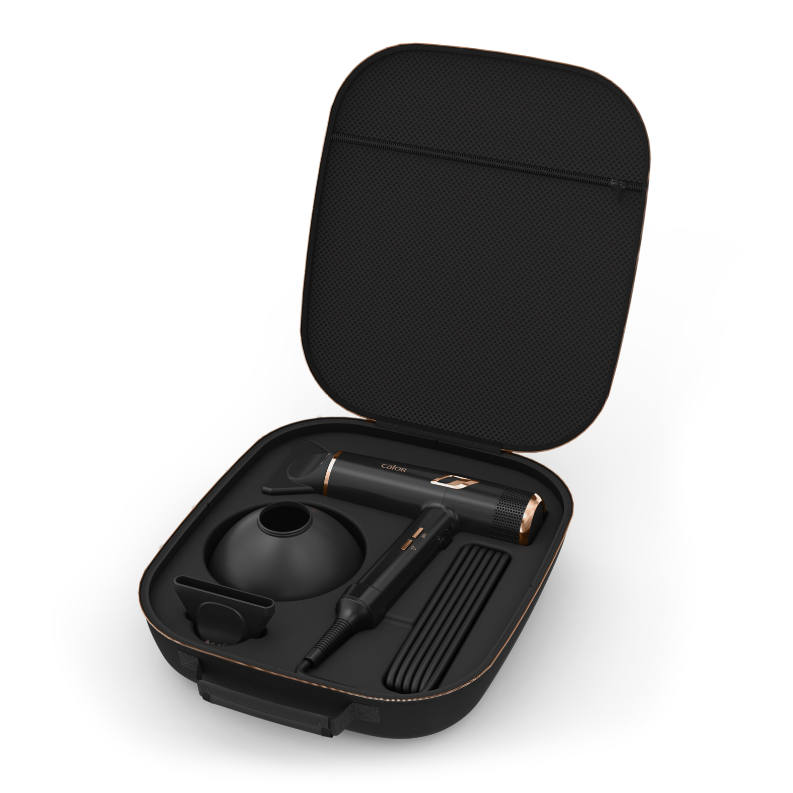 Un estuche de viaje negro con un secador de pelo y accesorios dentro, todo en negro y cobre.