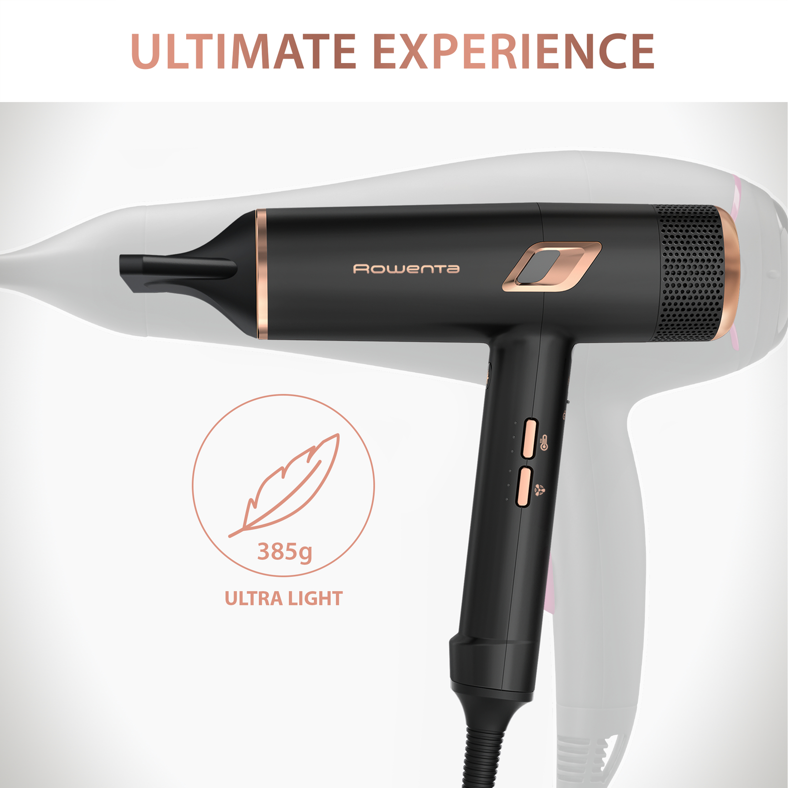 Un secador de pelo negro y cobrizo con el texto 'ULTIMATE EXPERIENCE' y un icono de pluma ultraligera.
