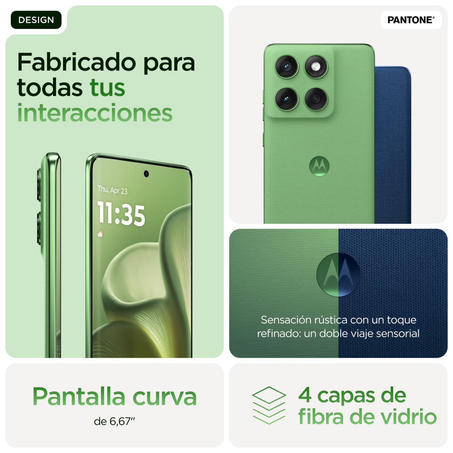 Un teléfono con parte trasera verde y pantalla con detalles, texto sobre pantalla y diseño.