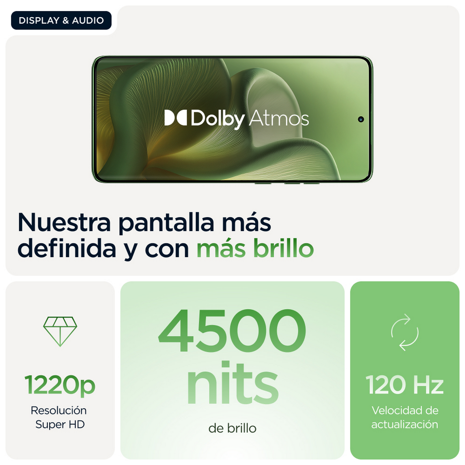 Un teléfono muestra una pantalla con gráficos verdes y el texto 'Dolby Atmos', con texto sobre pantalla.
