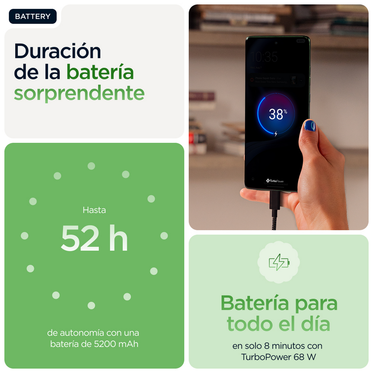 Mano sosteniendo un teléfono cargando, mostrando la duración de la batería, con texto sobre la batería.