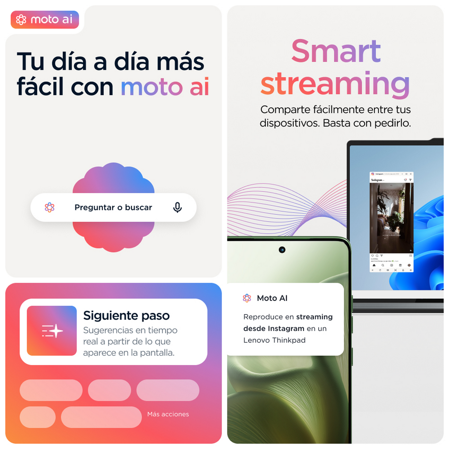 Pantalla de teléfono y portátil con interfaz, con texto sobre moto ai y transmisión inteligente.