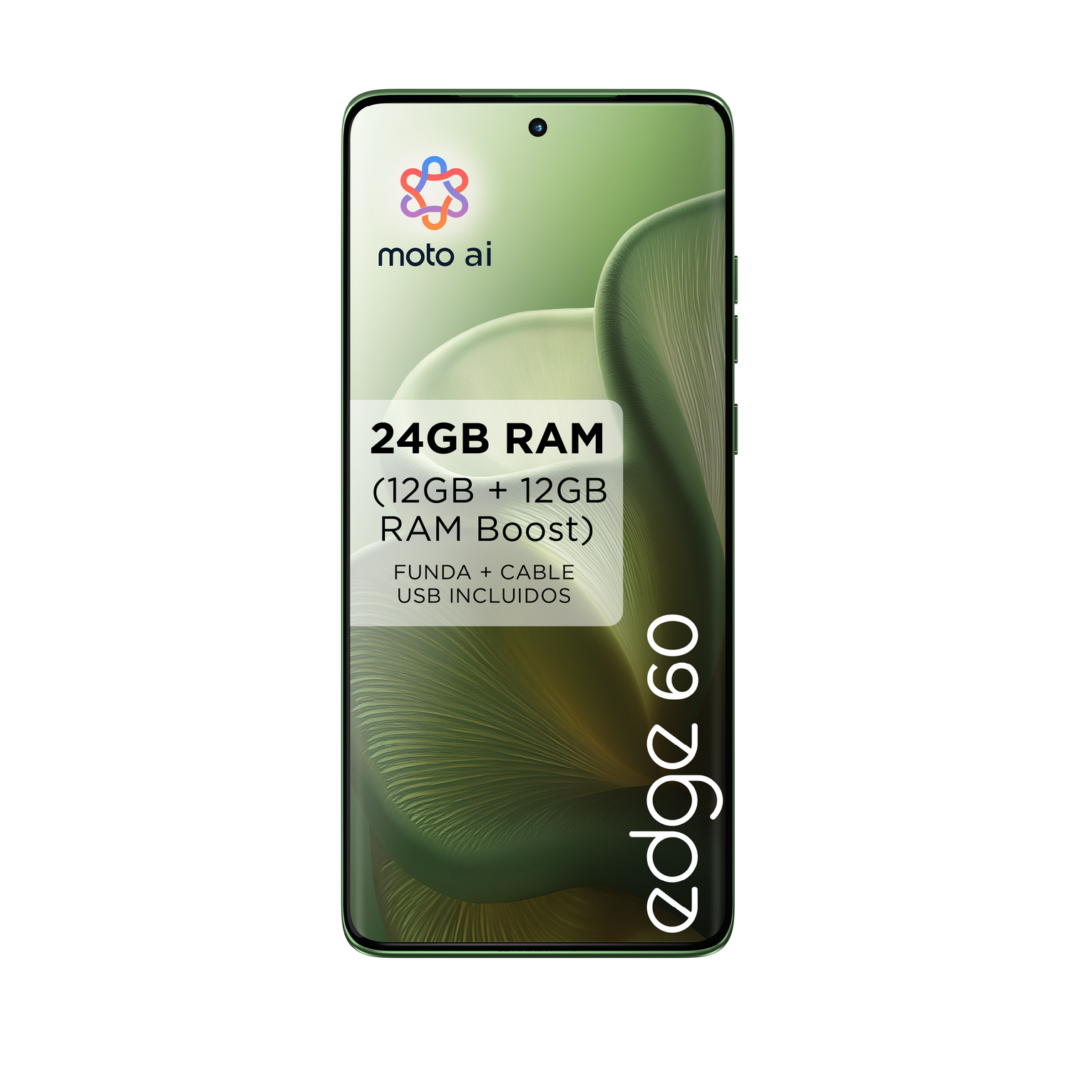Vista frontal del teléfono Motorola Edge 60 verde con especificaciones, logo y texto 'edge 60'.