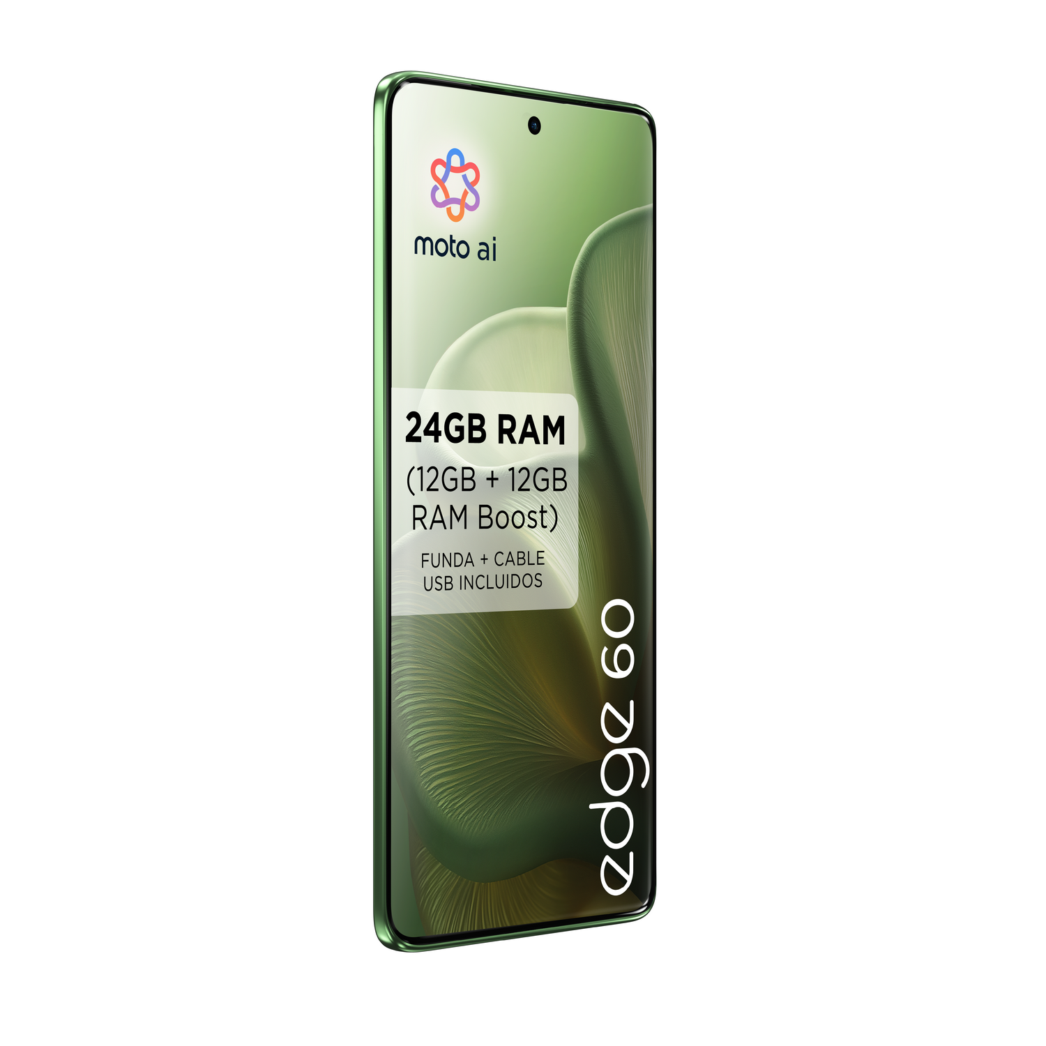 Vista lateral del teléfono Motorola Edge 60 verde con especificaciones, logo y texto 'edge 60'.