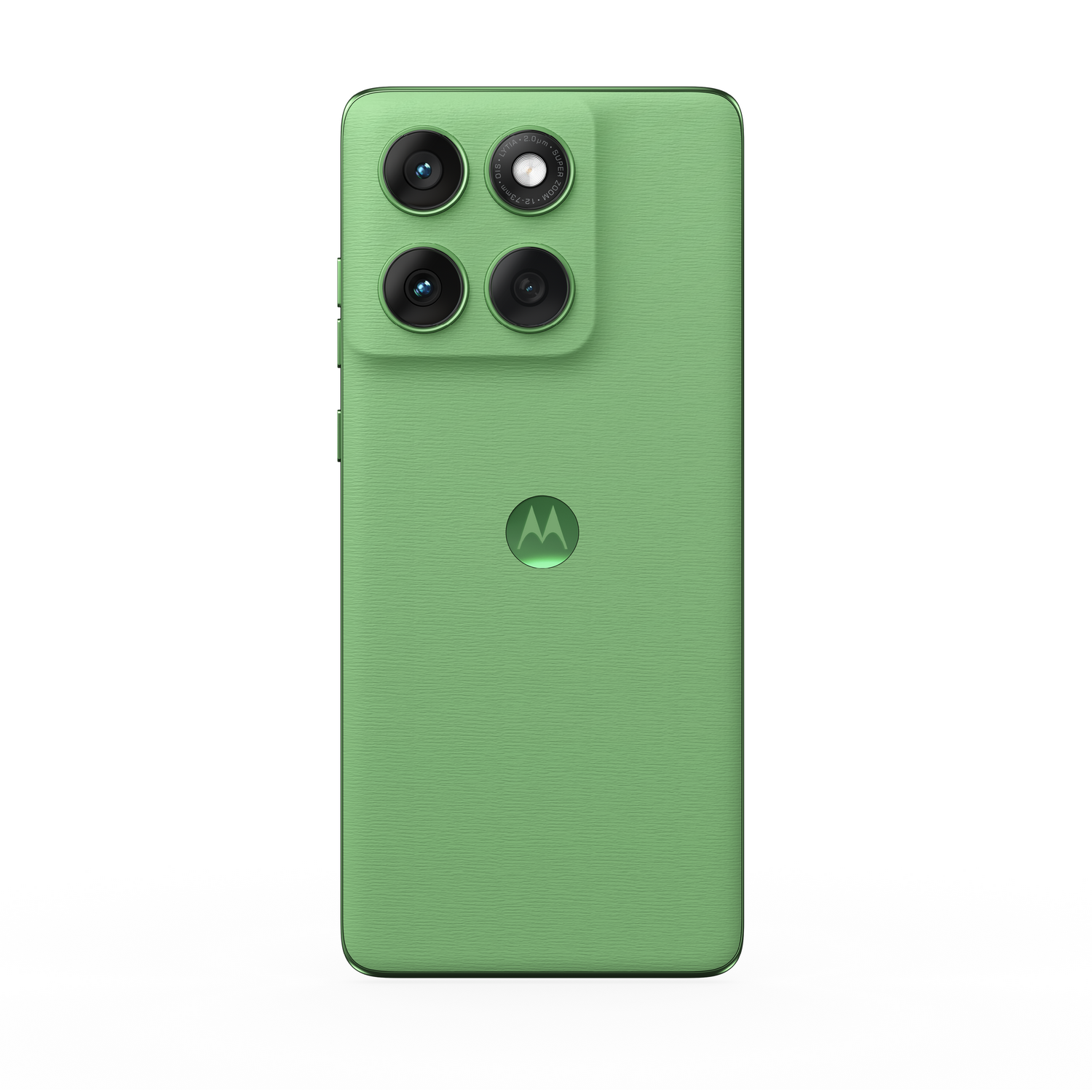 Parte trasera del teléfono Motorola Edge 60 verde. Cuatro cámaras, logotipo de Motorola, parte trasera texturizada.