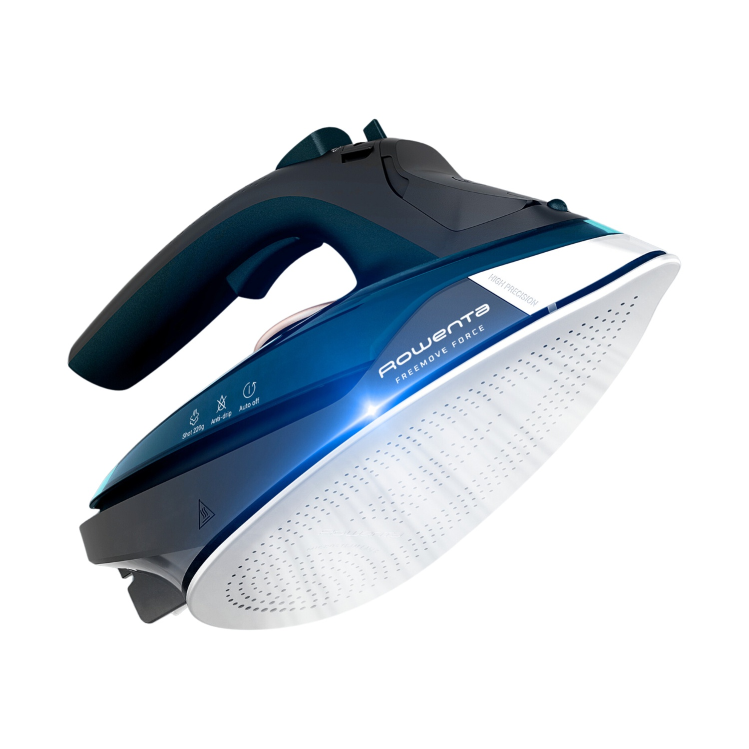 Ferro da stiro angolato con fondo bianco. Design blu e nero. Rowenta Freemove Force.