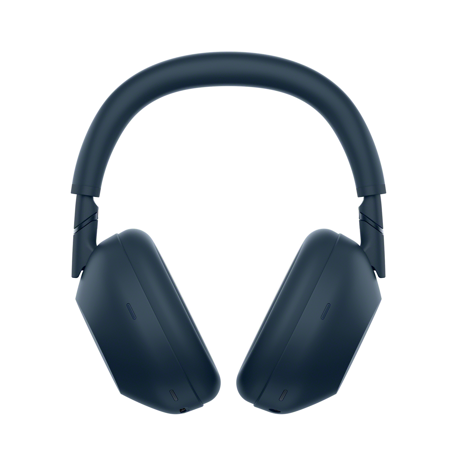 Auriculares azules, vista frontal. Se ven las copas y la diadema.