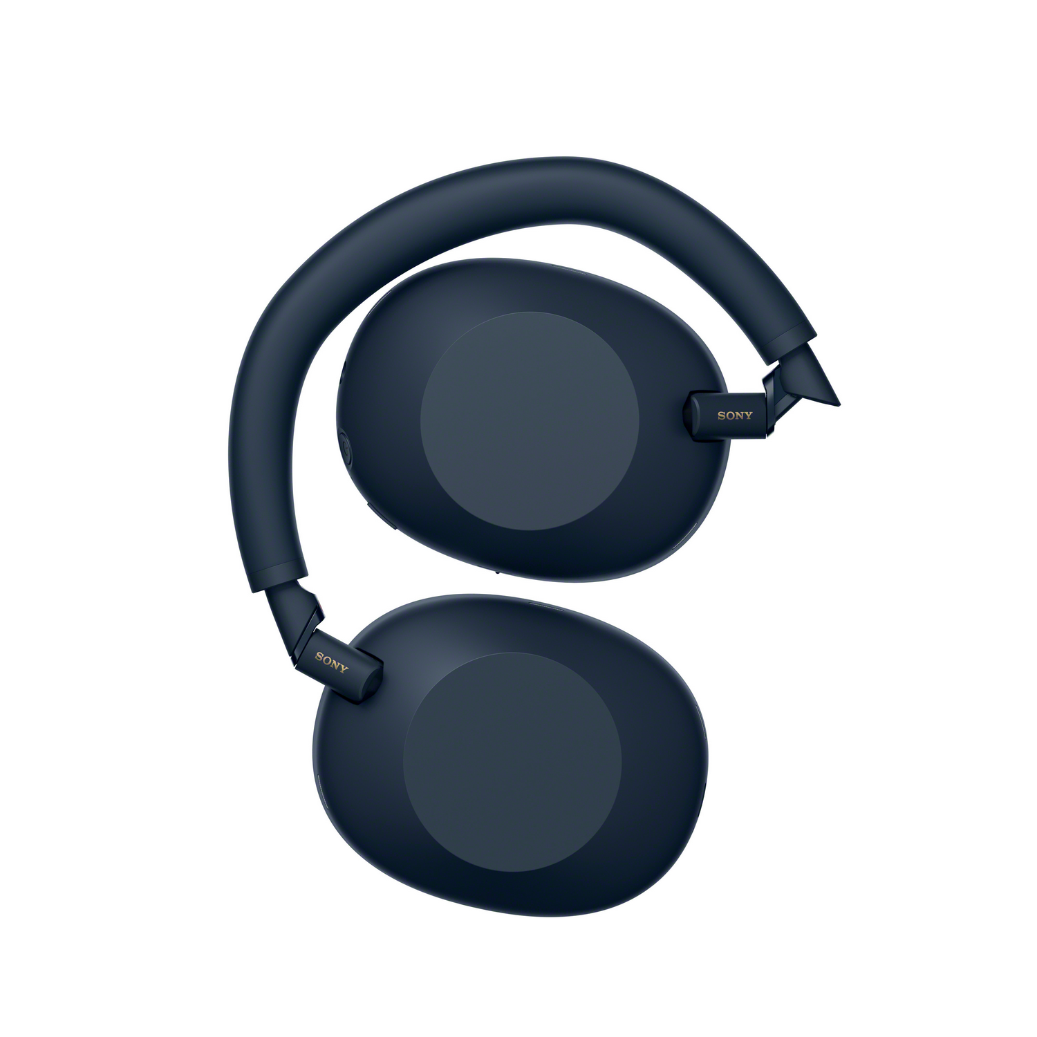 Auriculares azules, vista superior, plegados. Se ven las copas.
