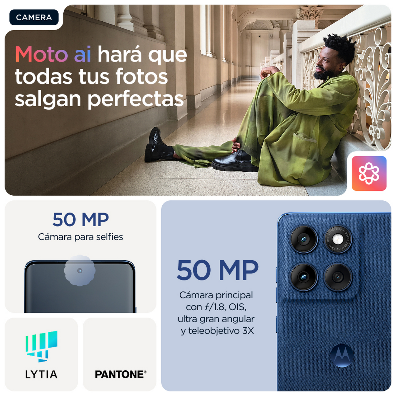 Imagen de un hombre y un teléfono con detalles de la cámara: cámara selfie de 50MP, cámara principal de 50MP, etc.