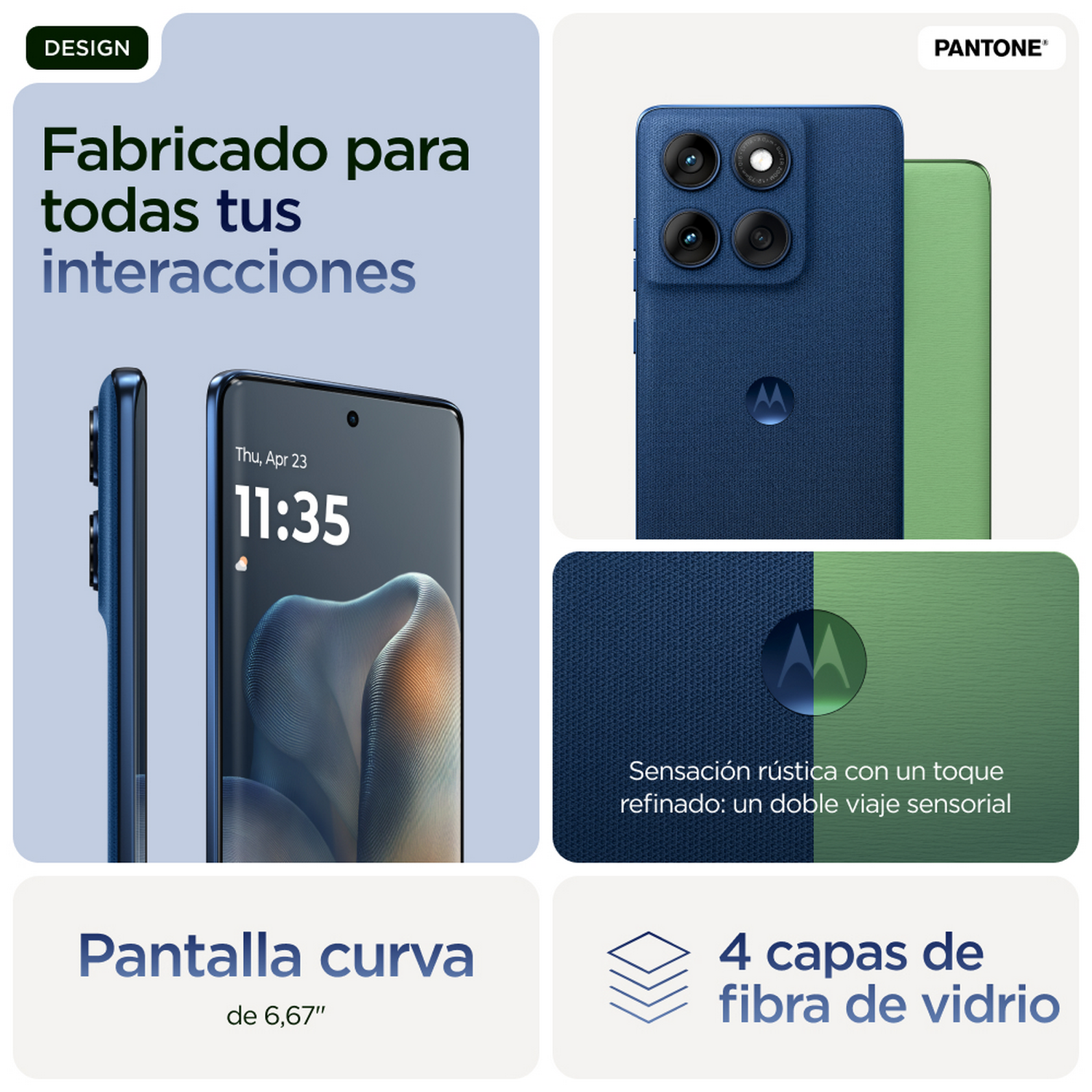 Imagen muestra un teléfono con pantalla curva, 4 capas de fibra de vidrio y texto sobre diseño.