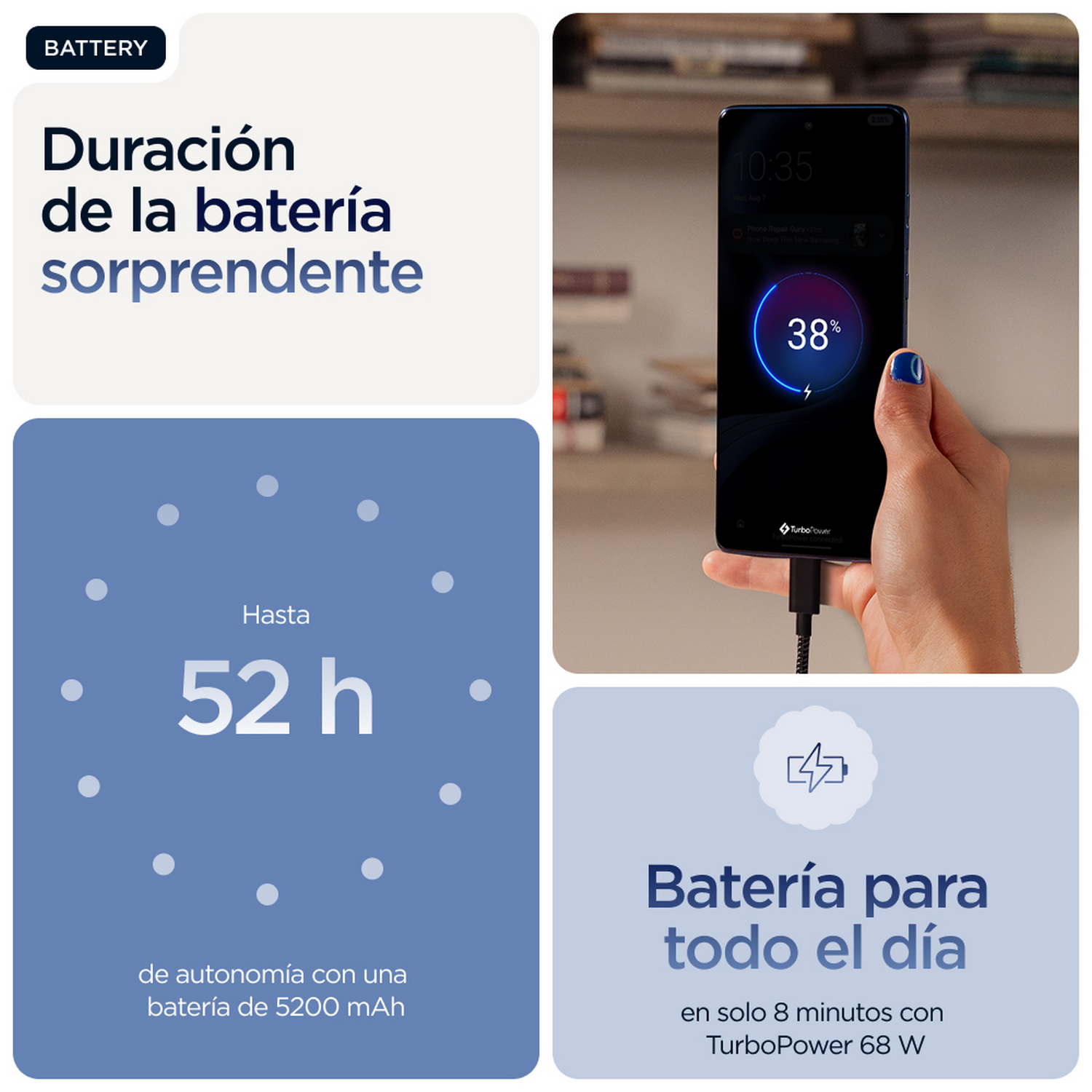 Mano de mujer sosteniendo un teléfono cargando al 38% con un cable negro.