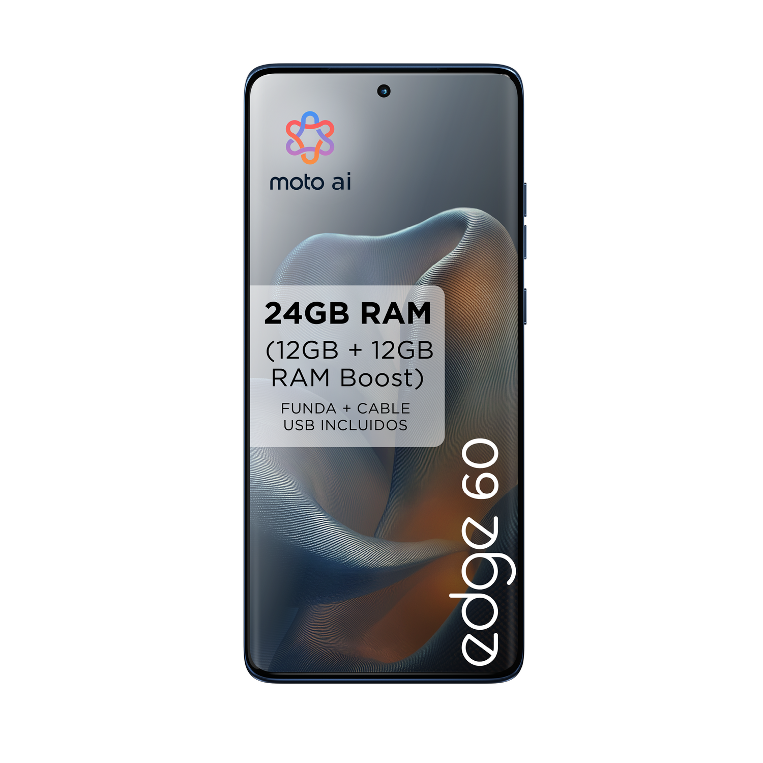 Un teléfono azul con el logo de moto ai y texto que detalla las especificaciones de RAM. Es un smartphone.