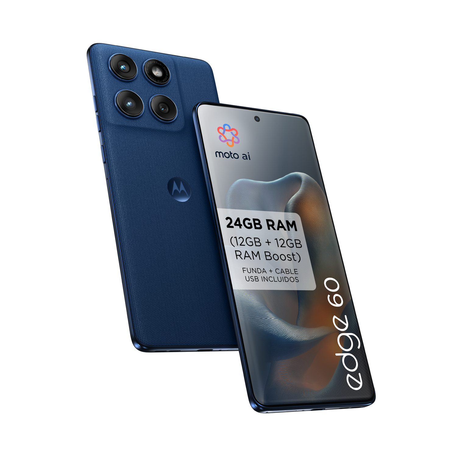 Smartphone azul con múltiples cámaras traseras y una pantalla frontal mostrando detalles de RAM, con el logo de moto ai.