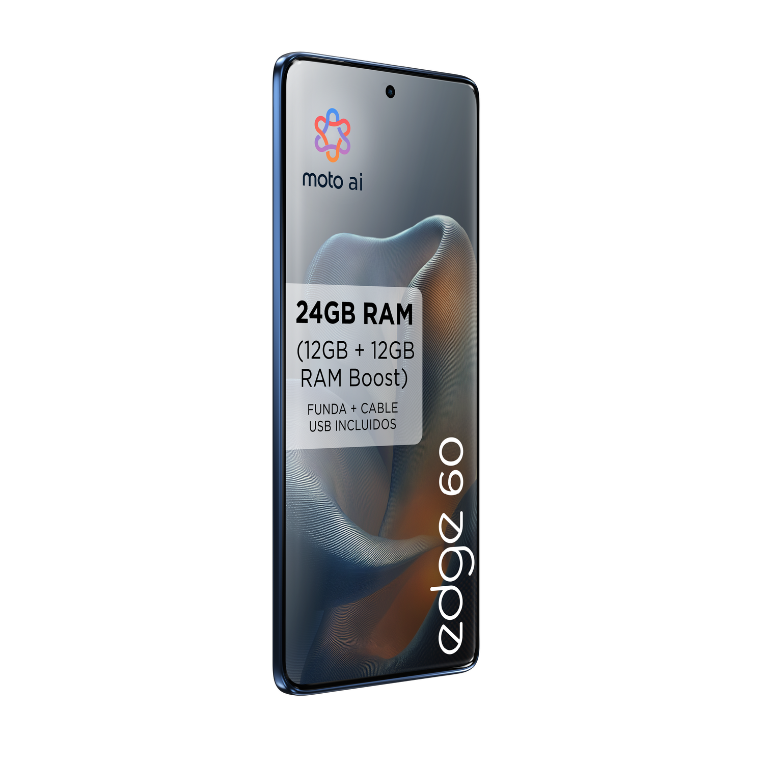 Un smartphone azul con una pantalla frontal que muestra las especificaciones de RAM y el logo de moto ai.