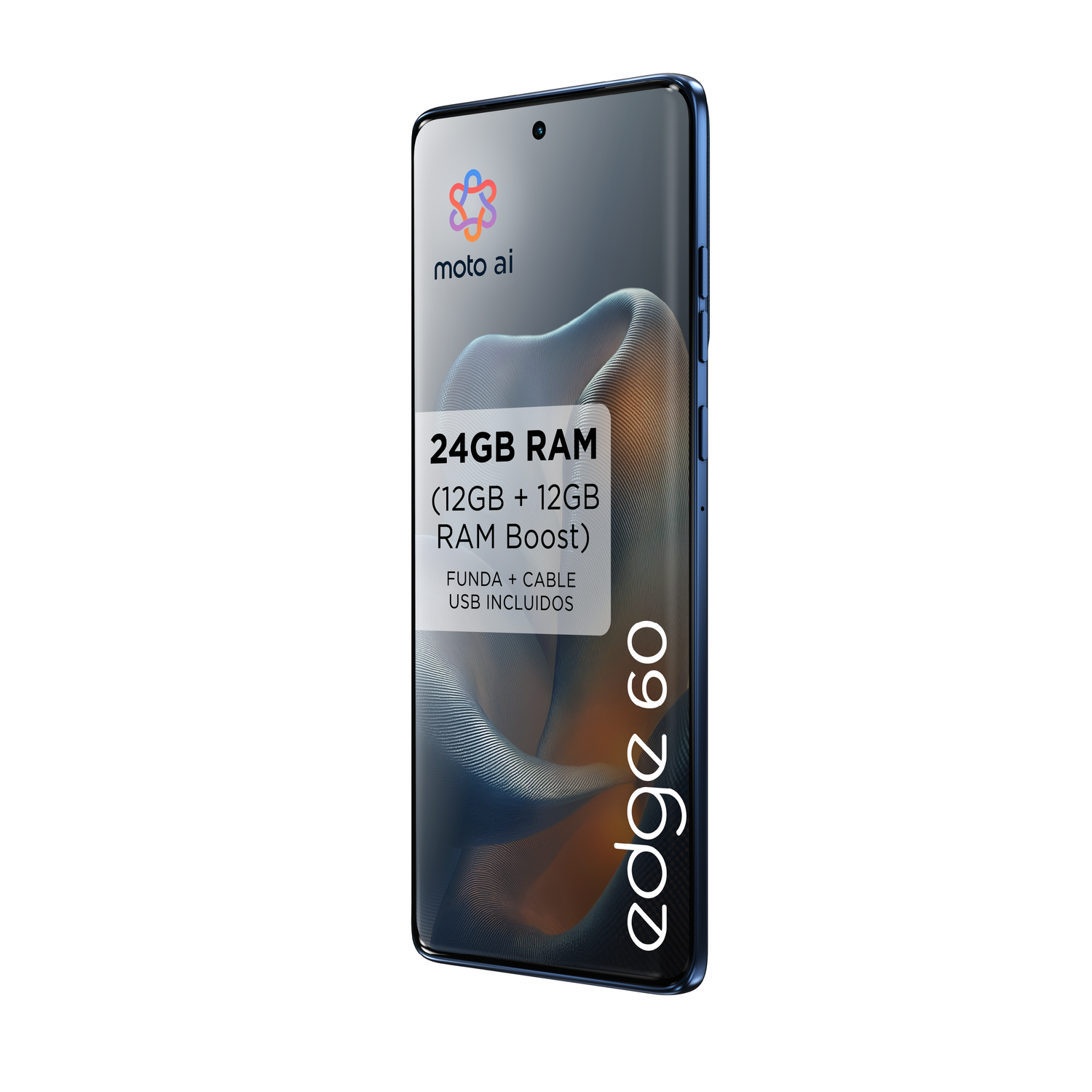 Smartphone azul con una pantalla frontal que muestra las especificaciones de RAM y el logo de moto ai.