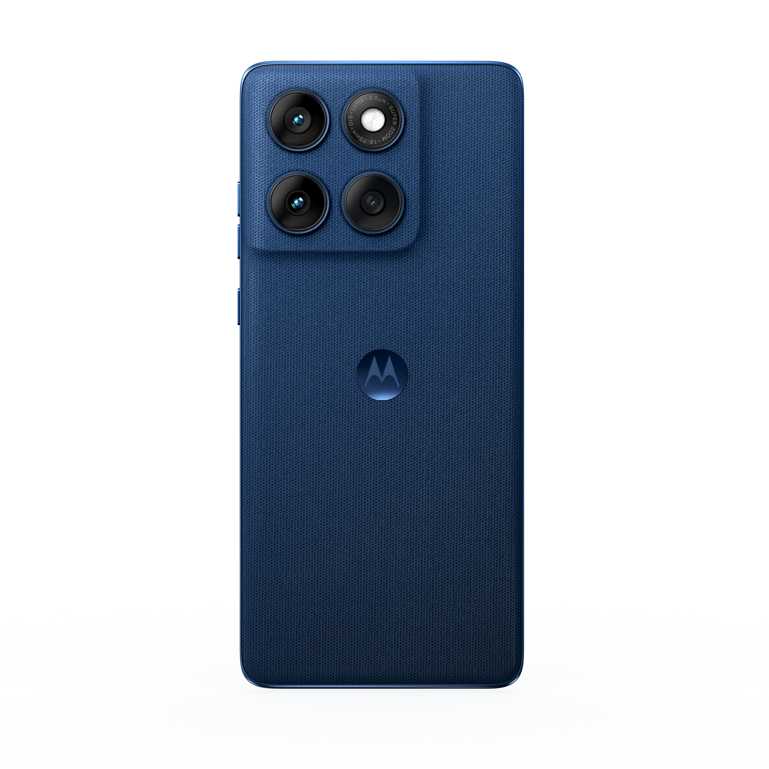 La vista trasera de un teléfono azul con cuatro cámaras y un logo de Motorola.