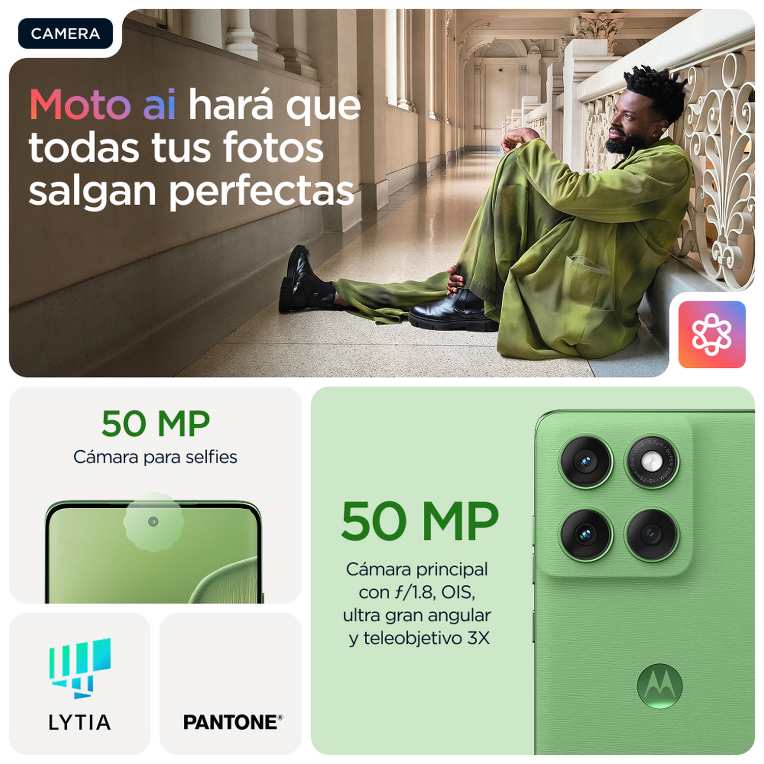 Hombre sentado cerca de un edificio con detalles del teléfono verde y especificaciones de la cámara.