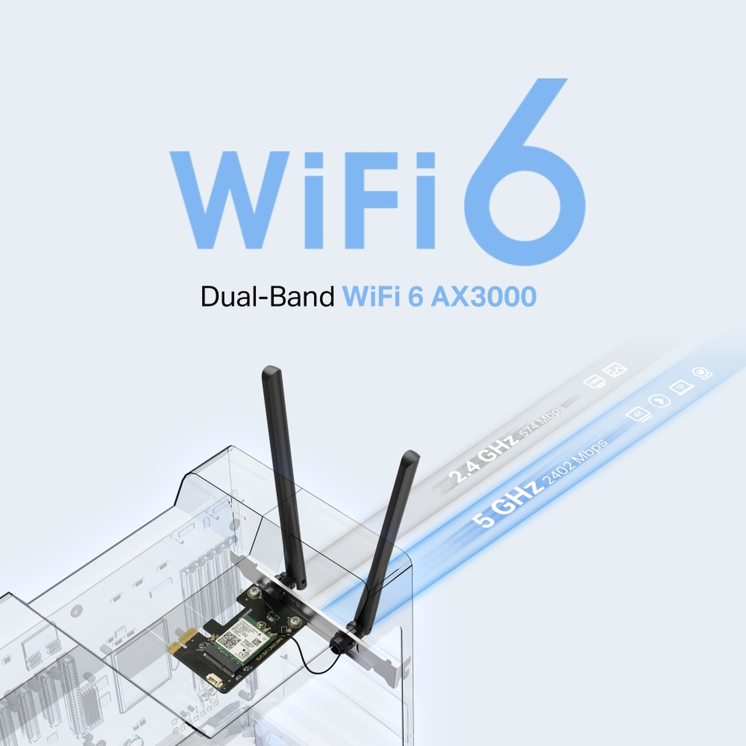Scheda adattatore WiFi 6 con antenne. Sovrapposizione di testo: WiFi 6, Dual-Band. Mostra velocità di 2,4 e 5 GHz.