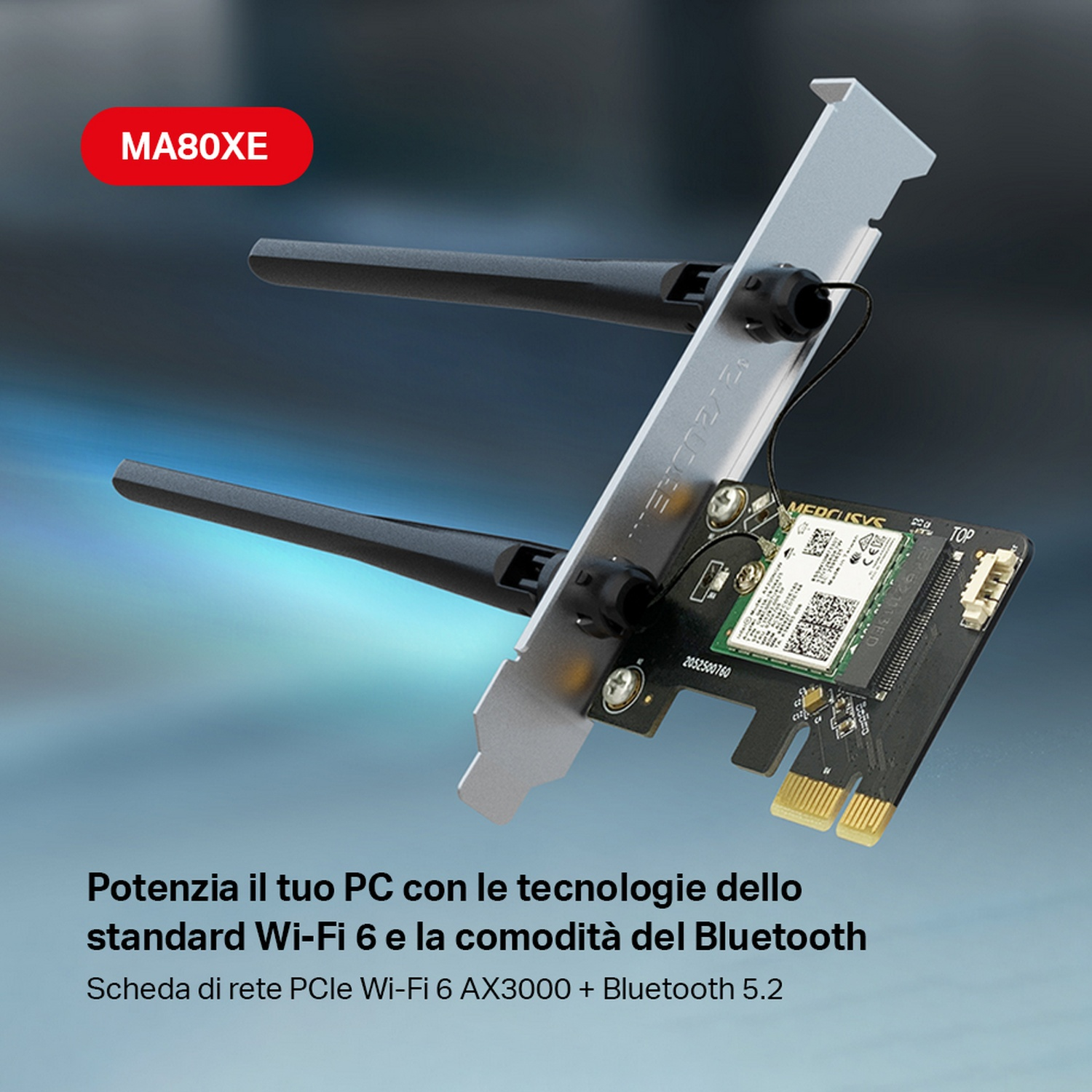 Scheda adattatore WiFi 6 con antenne. Sovrapposizione di testo: MA80XE. Scheda di rete PCI-e.