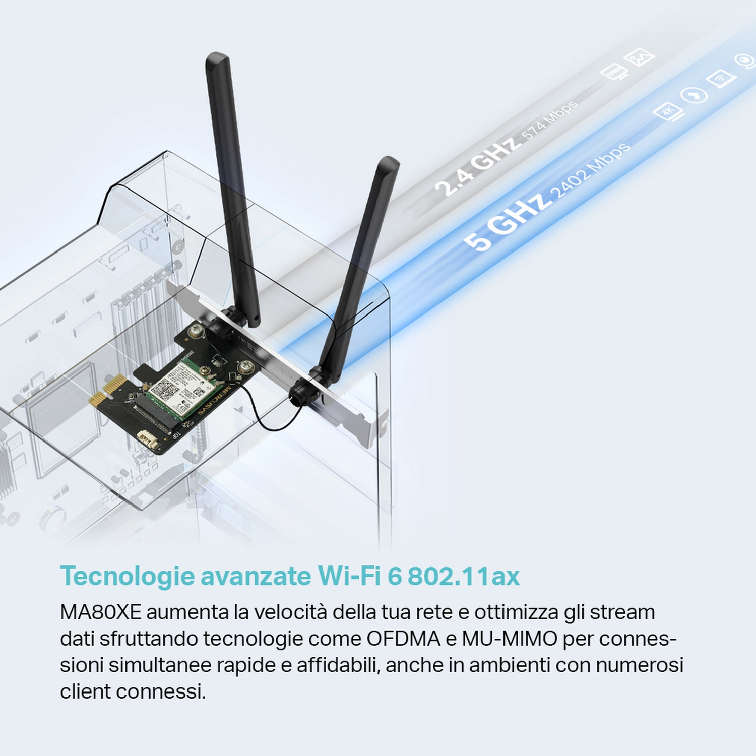 Scheda adattatore WiFi 6 con antenne. Sovrapposizione di testo: WiFi 6 802.11ax. Sfondo bianco.