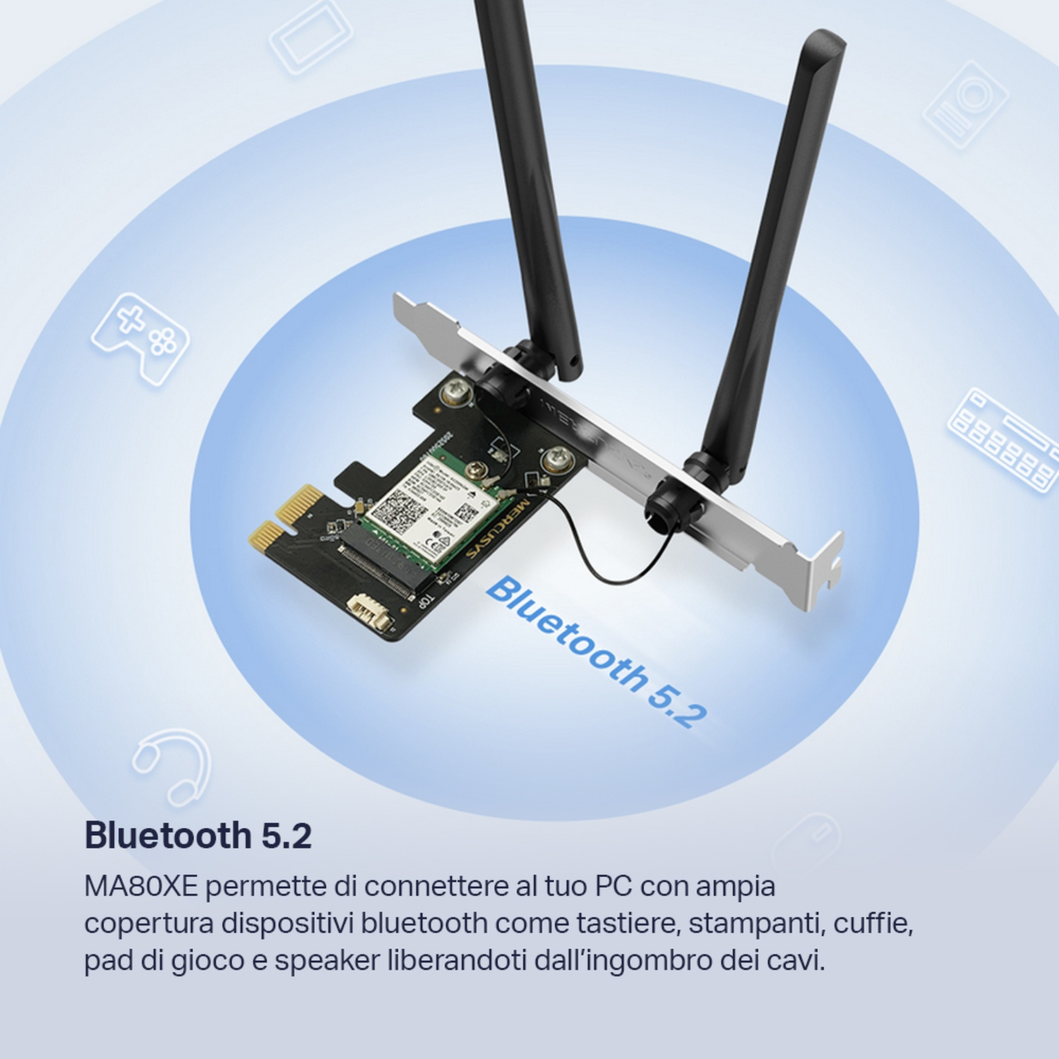 Scheda adattatore WiFi 6 con antenne. Sovrapposizione di testo: Bluetooth 5.2. Diverse icone intorno.