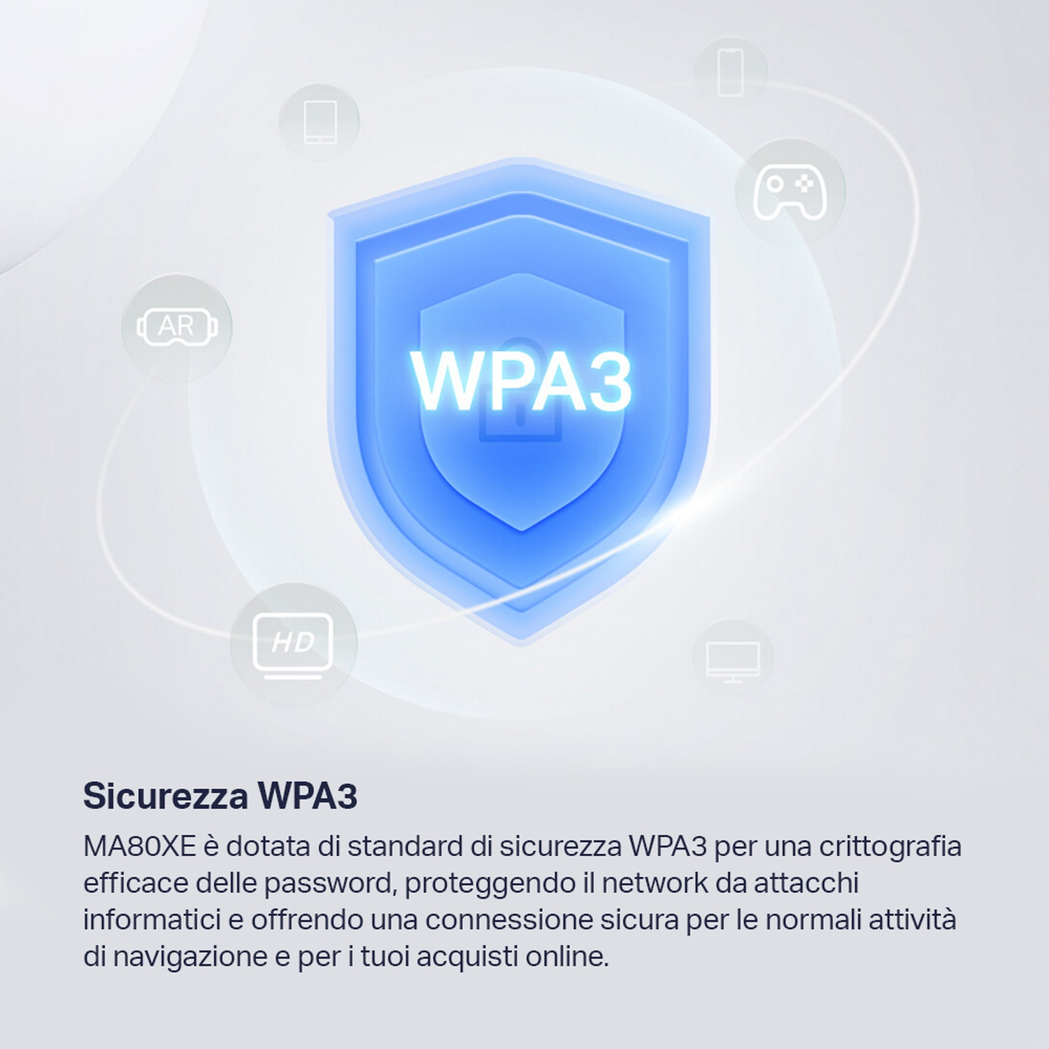 Scheda adattatore WiFi 6 con antenne. Sovrapposizione di testo: Scudo WPA3. Diverse icone intorno.