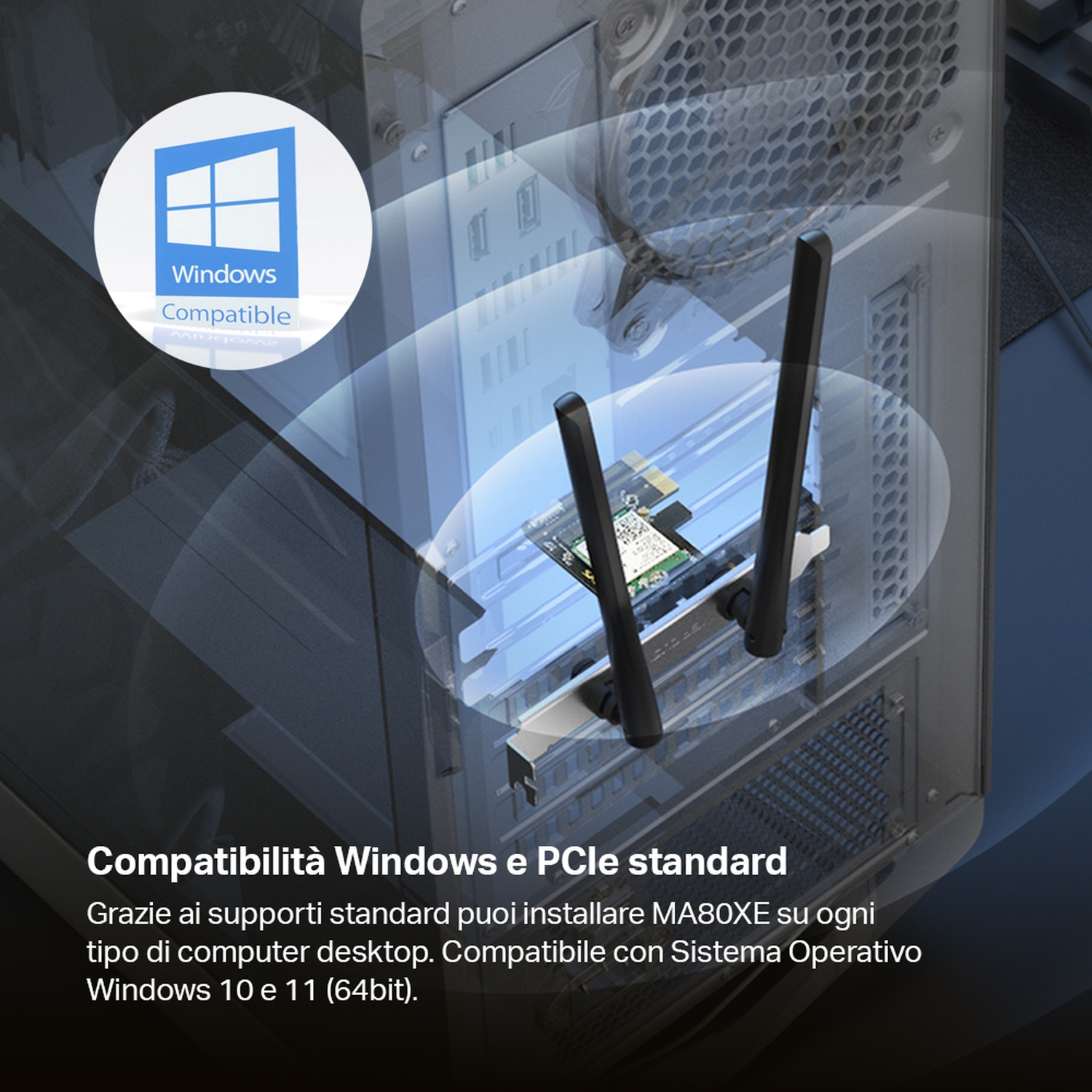 Scheda adattatore WiFi 6 con antenne all'interno di un case per computer. Logo compatibile con Windows.