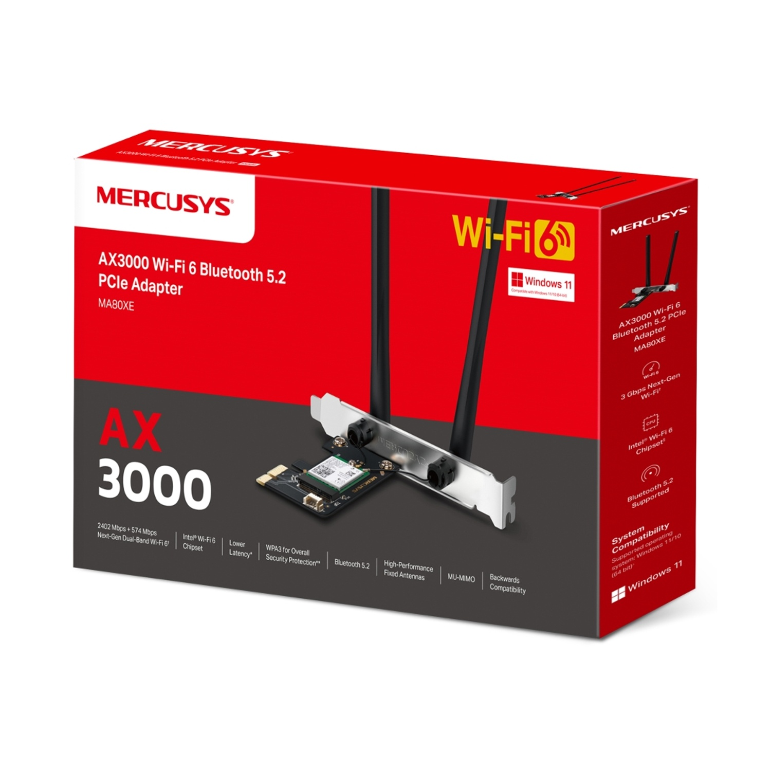 Scatola di un adattatore PCIe WiFi 6 Bluetooth 5.2, con le sue caratteristiche elencate. Sfondo bianco.
