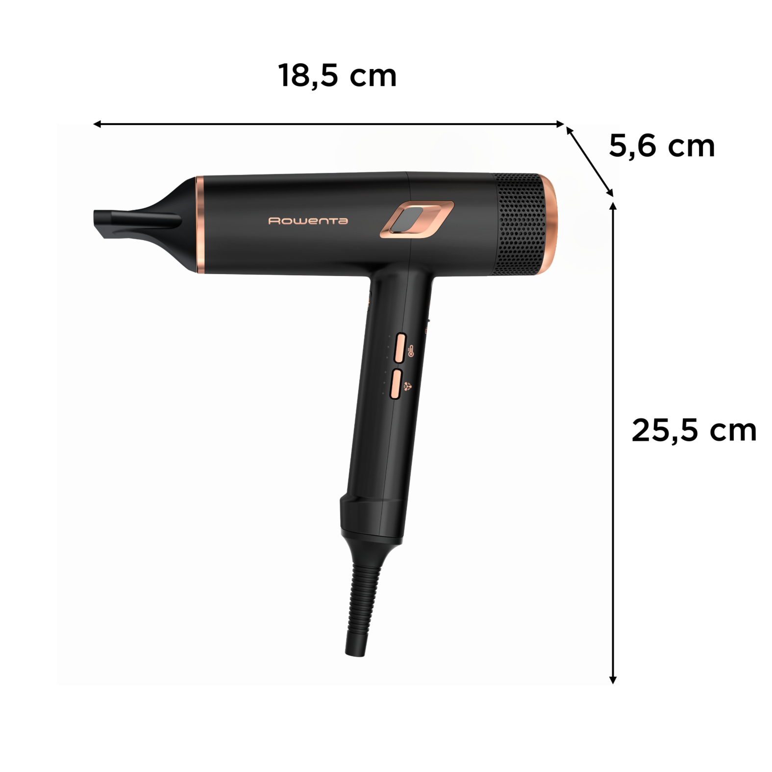 Un secador de pelo negro y cobre con dimensiones etiquetadas. 18,5 cm de ancho, 25,5 cm de largo y 5,6 cm de grosor.